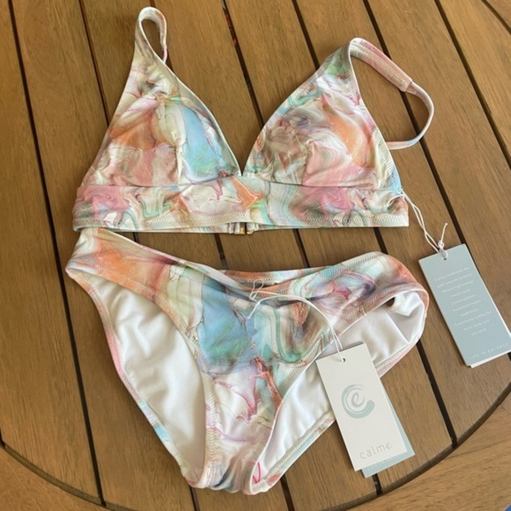 Calme Womens Hipster Bikini Swimsuit Two Piece Multicolor Swirl M‎ NWT SET